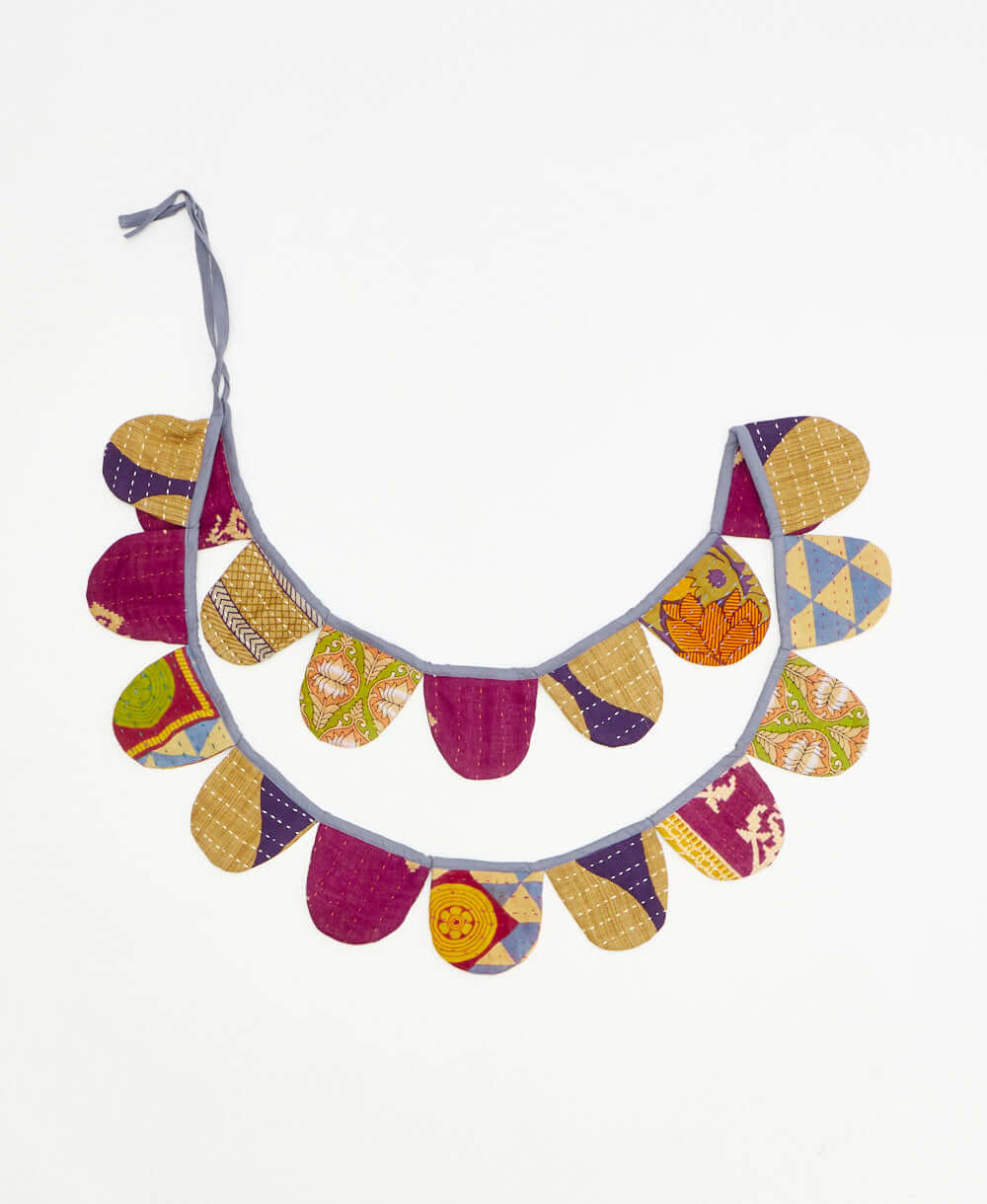 upcycled fabric garland with bold blue and purple geometric pattern by Anchal