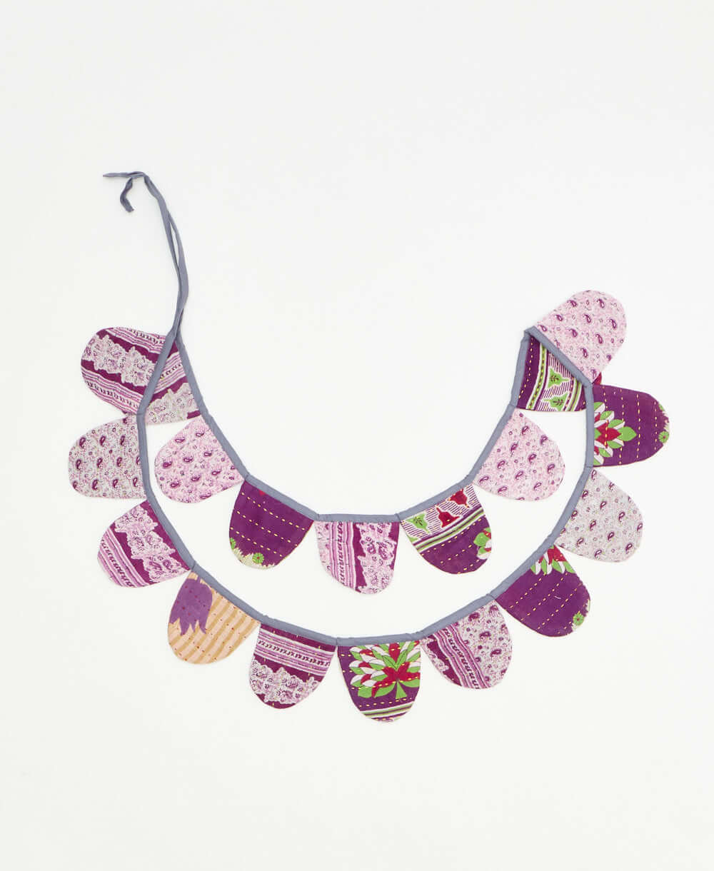 upcycled fabric garland with bold purple paisley pattern by Anchal