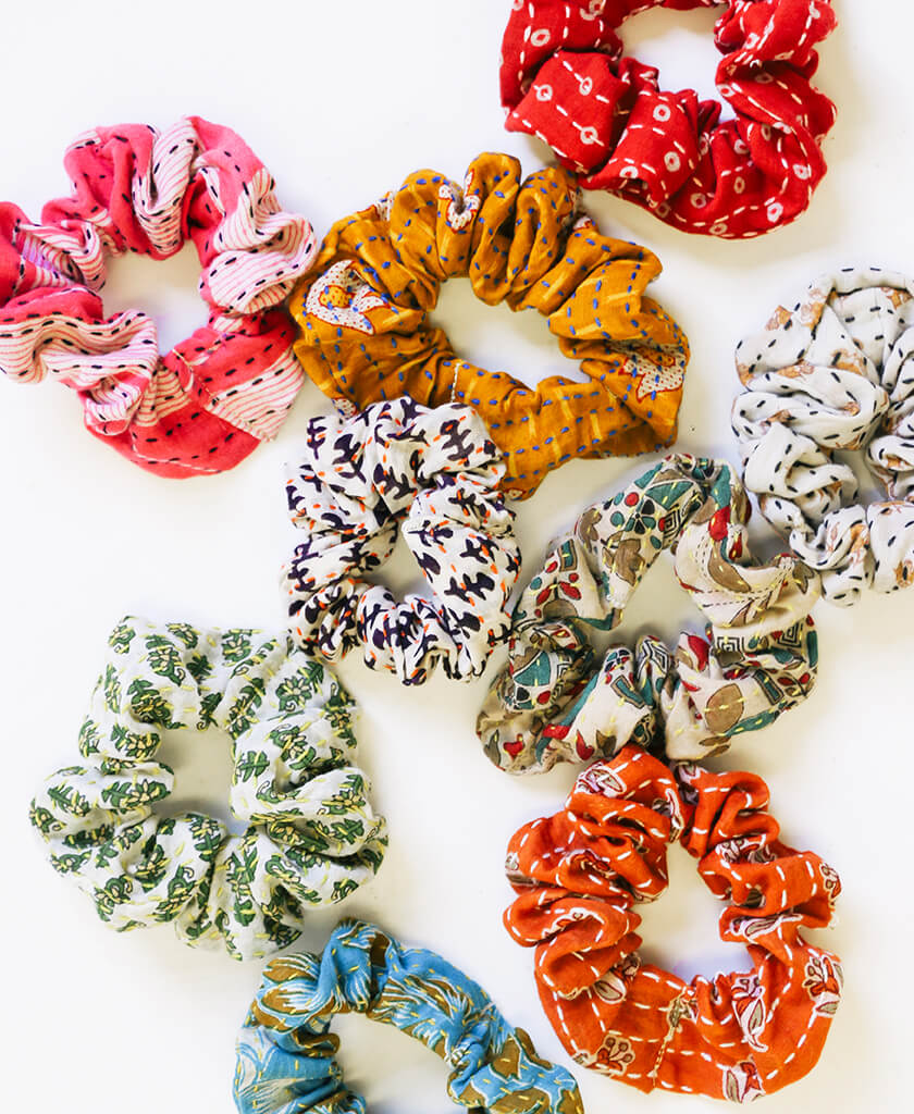 kantha scrunchies in a variety of colors made from upcycled vintage cotton saris in India by women artisans