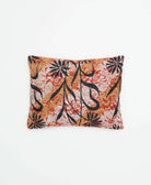 tan, white, red & black abstract patterned small pillow made from upcycled cotton saris in India by women artisans