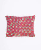 reversible small throw pillow in bright red with red & green pattern