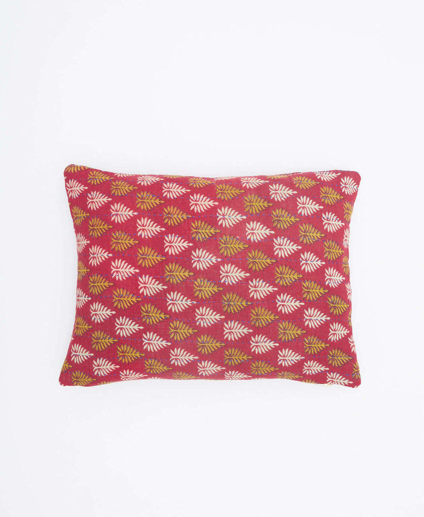 muted red small pillow made from vintage cotton saris with cream & mustard leaf print