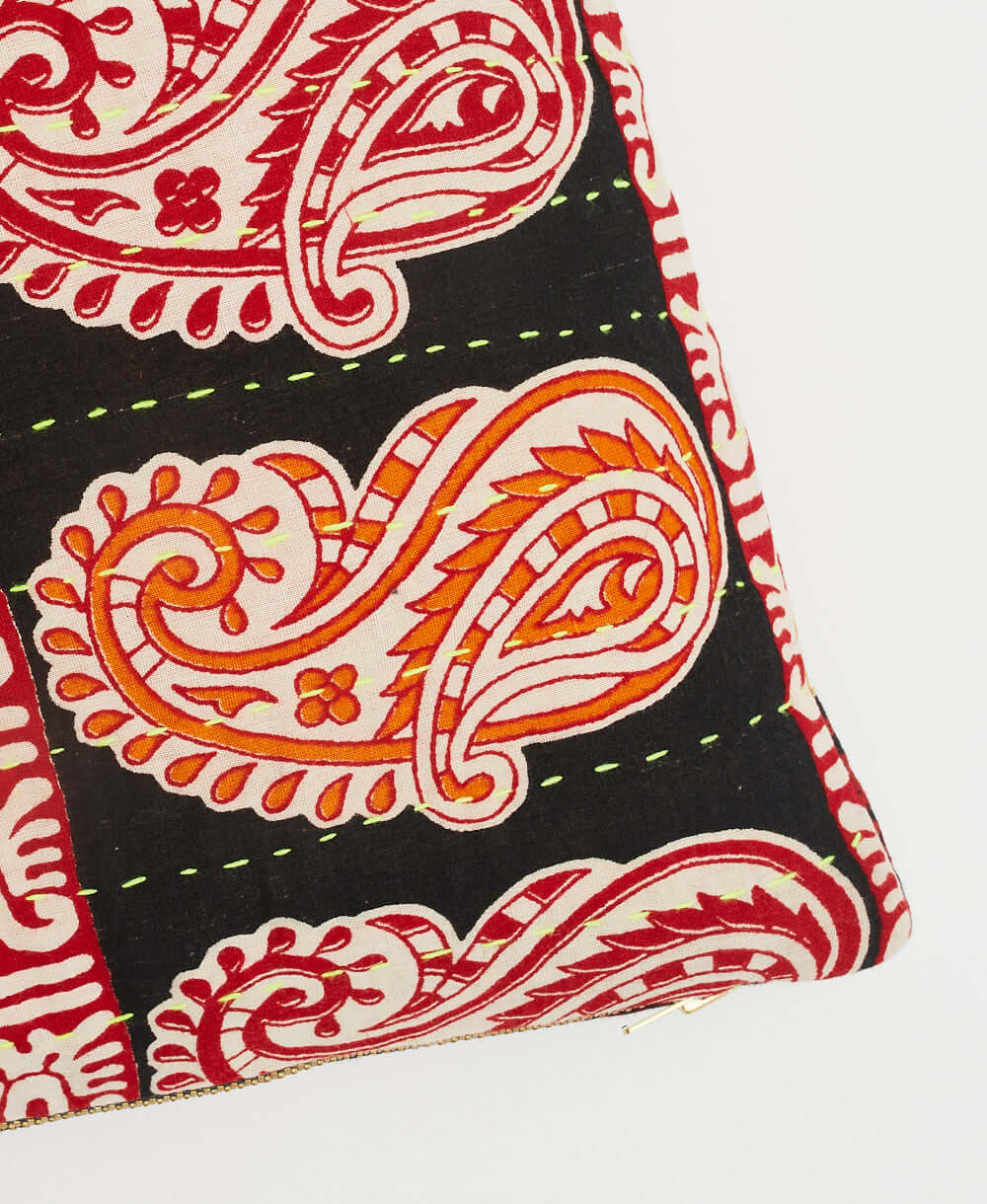 neon green kantha embroidery on black and orange oversized paisley small accent pillow