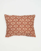 small lumbar pillow in camel brown scrolling leaf print made in India from vintage cotton fabrics