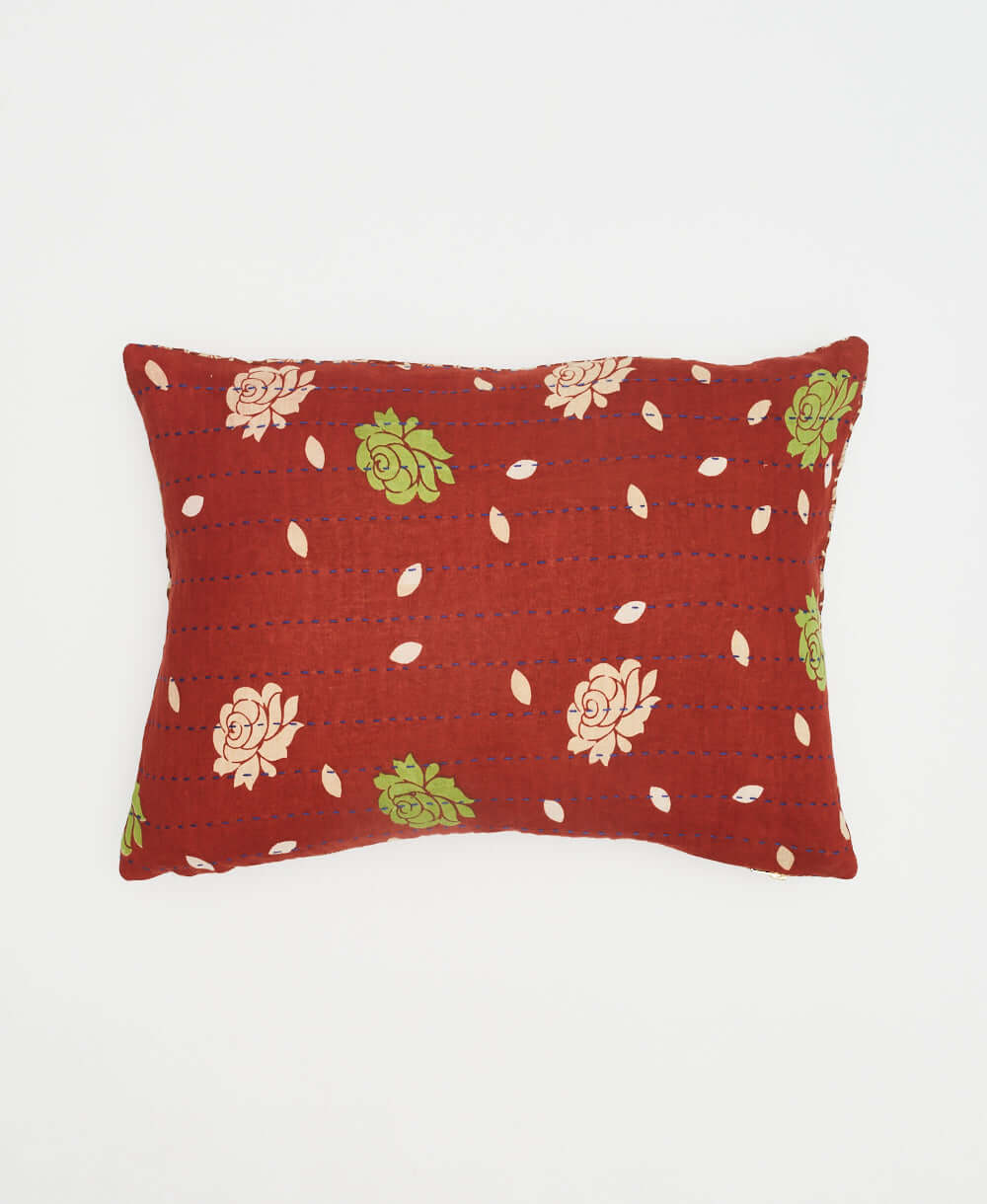 cherry red small pillow with white and lime green roses 