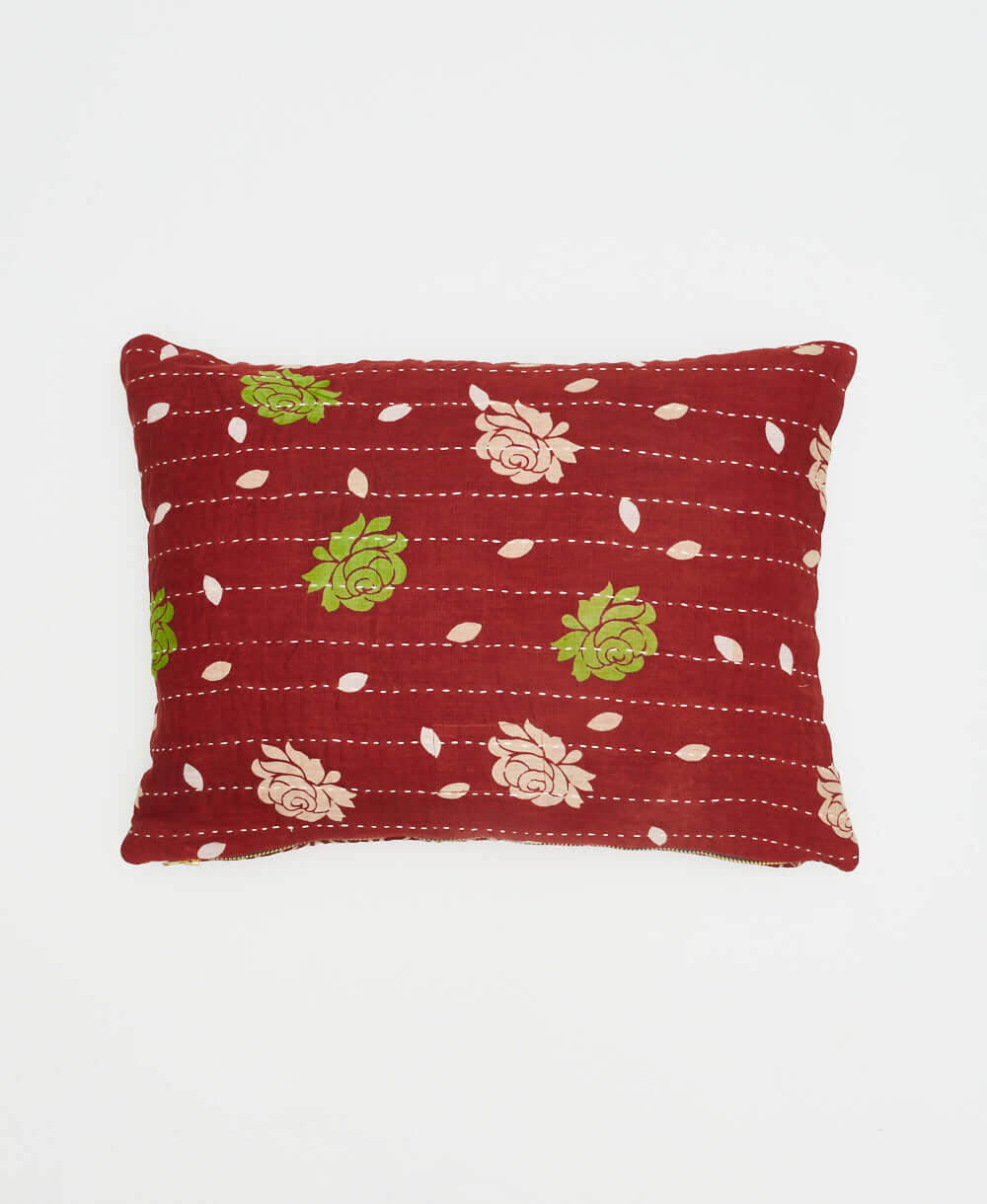 small lumbar pillow in red with tan & lime green bold floral print with removable down feather insert