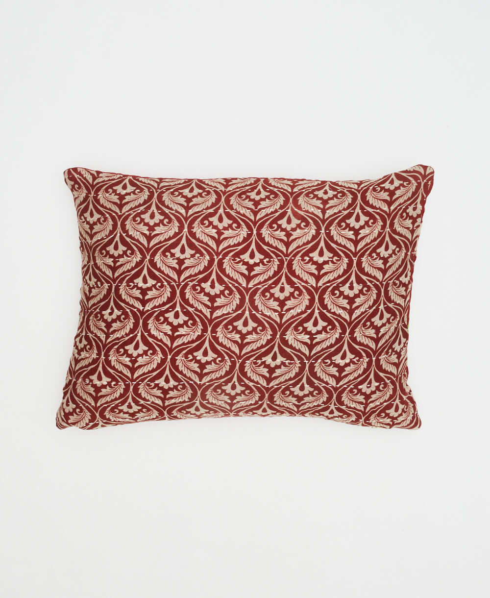 red and tan small pillow with fanning leaf print handmade in India from vintage fabrics