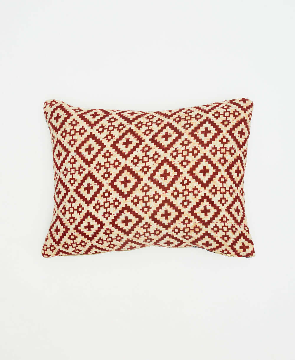 small pillow in tan and burgundy southwestern diamond print made from vintage cotton fabrics in India