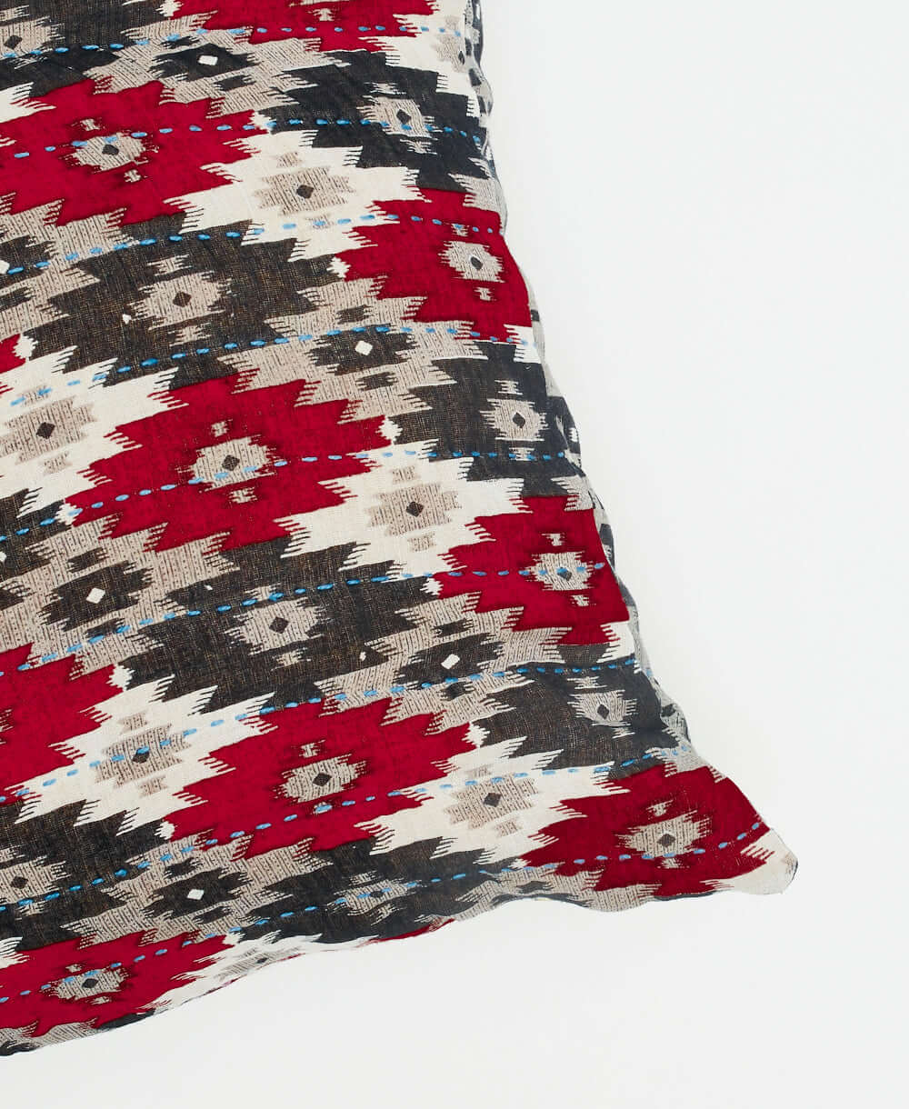 handcrafted small decor pillow made from upcycled vintage saris in bold red, white &black diamonds