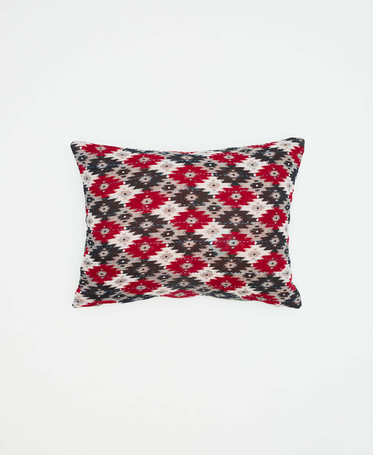 small decorative pillow in black, grey and red abstract design made from vintage cotton fabric