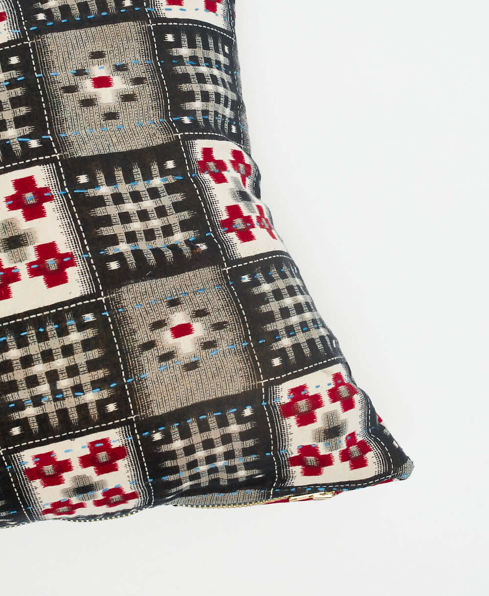 small accent pillow in black, grey and red checkered design with kantha embroidery made in India