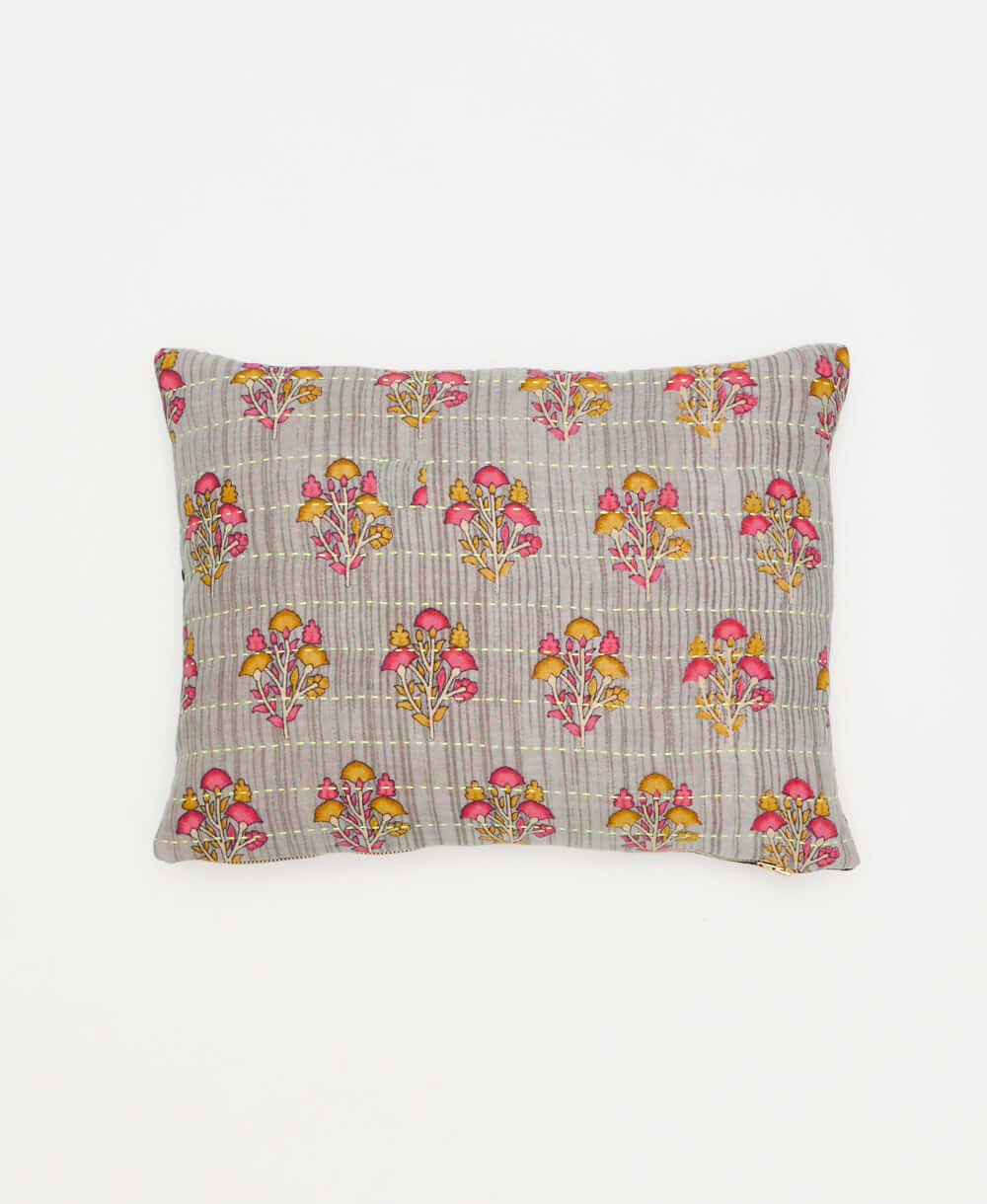 slate grey floral small throw pillow ethically crafted by women in india 