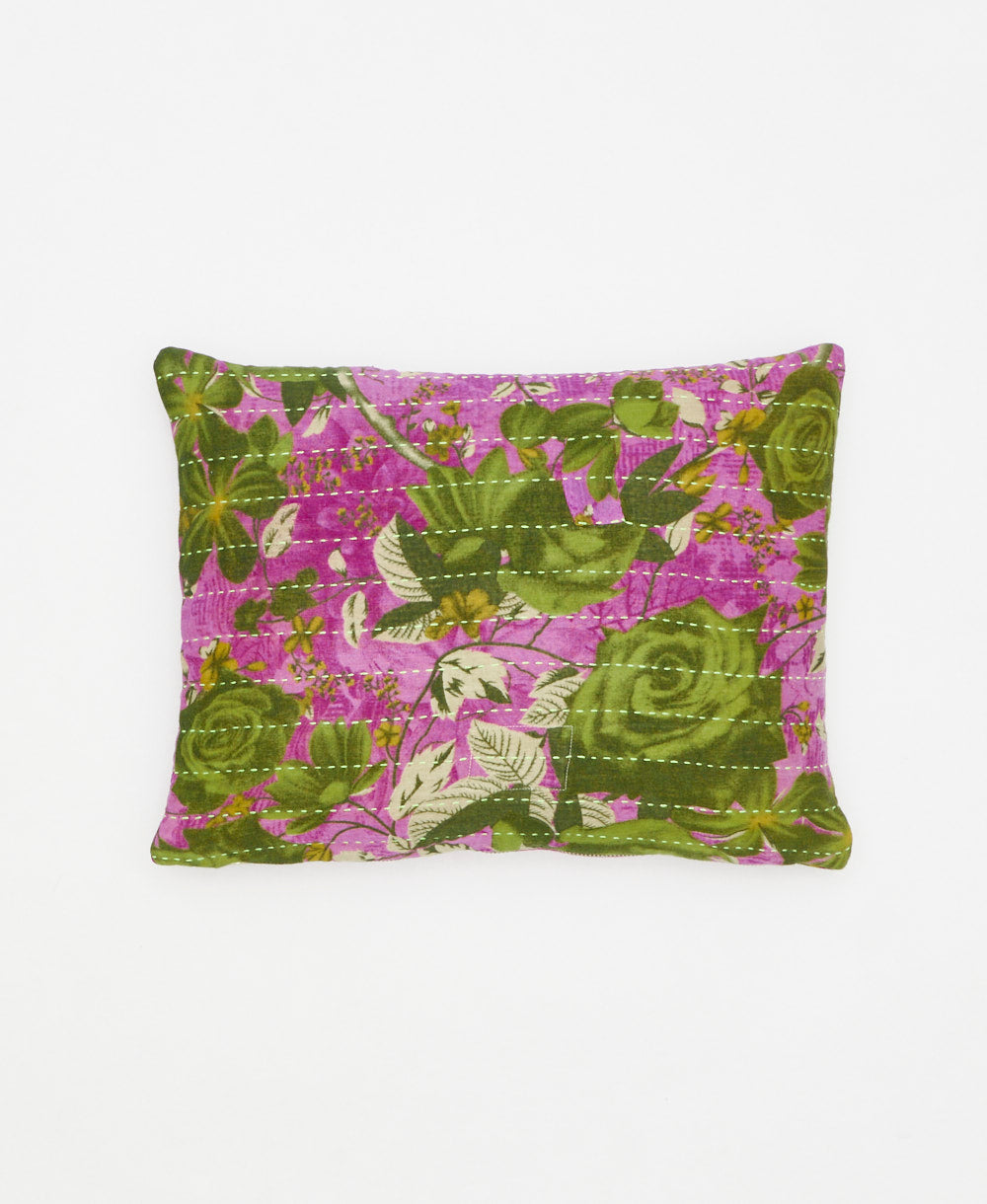 small lumbar pillow in purple & lime green bold flowers print with removeable down feather insert