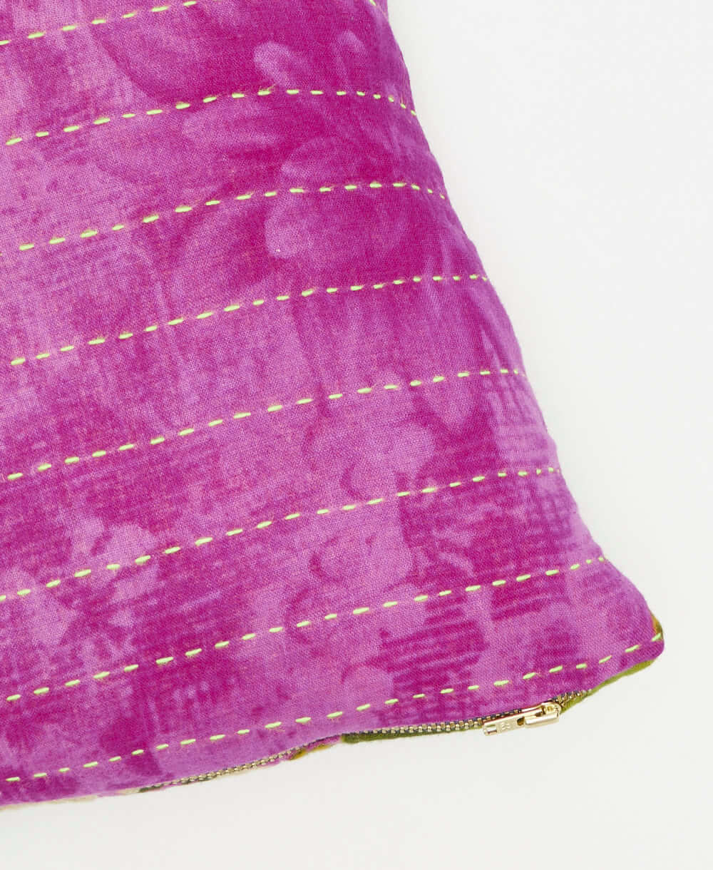 lime green kantha embroidery on bright purple small throw pillow with green floral 