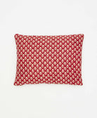 small lumbar pillow in red with a gold and black graphic paisley print print with removeable down feather insert