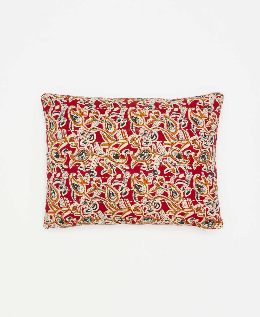 red and gold small throw pillow with a graphic paisley print handmade in India from vintage cotton fabrics