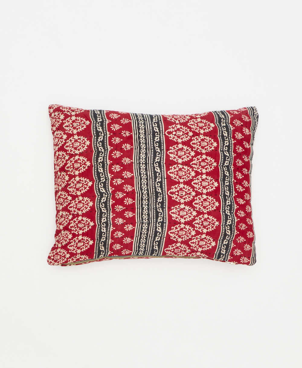 cherry red and black paisley stripe small throw pillow handmade in India from vintage cotton fabrics