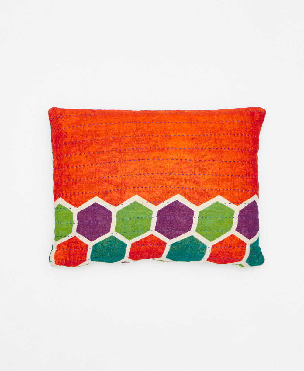 blue traditional kantha hand stitching on a sustainably made small throw pillow 