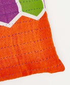 dark blue traditional kantha hand stitching on a sustainably made neon orange  small throw pillow 