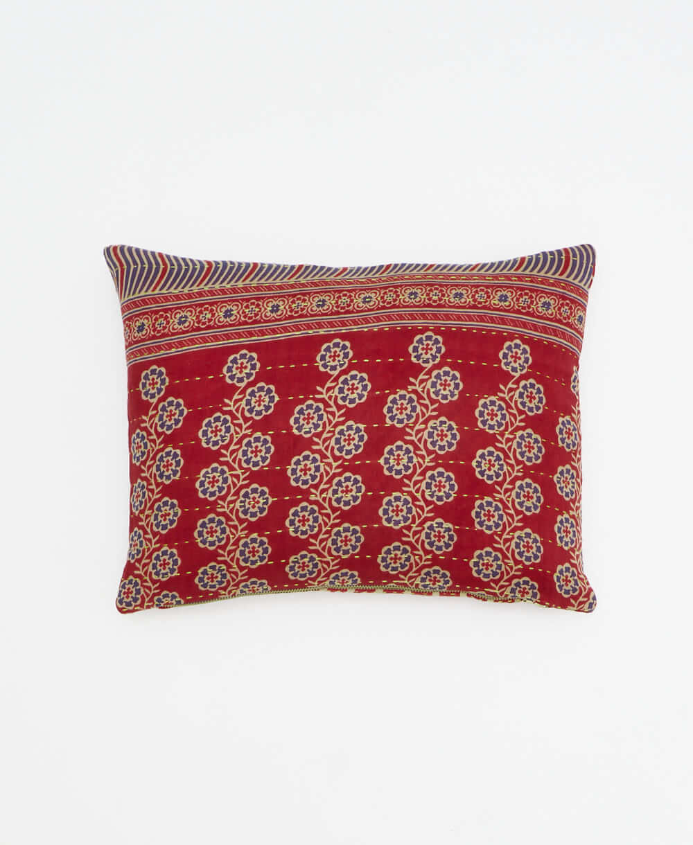 scarlet red small pillow with royal blue floral print handmade in India from vintage cotton fabrics