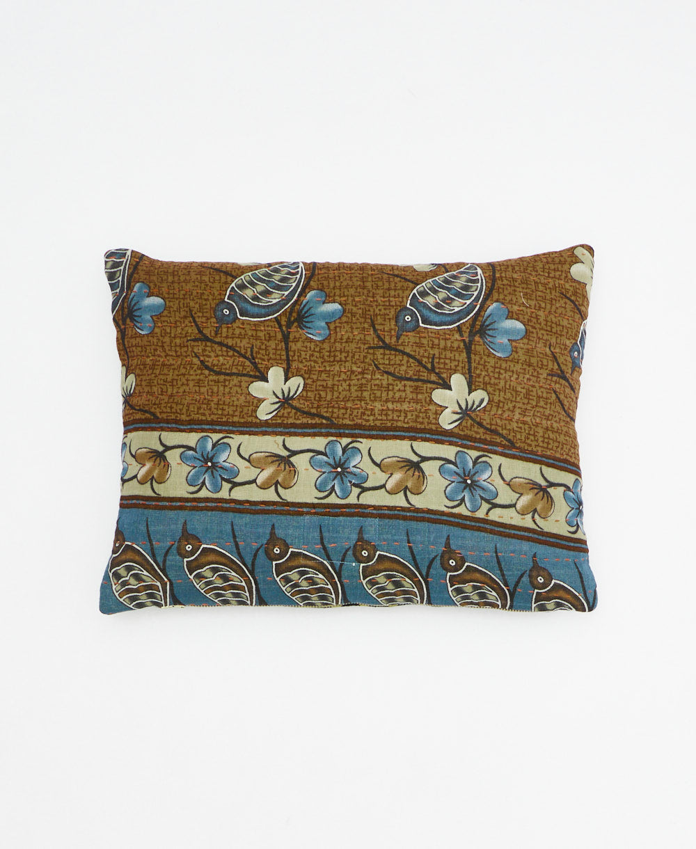 small lumbar pillow in light brown with blue bird print with removeable down feather insert