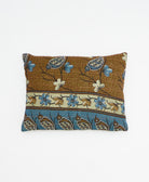 small lumbar pillow in light brown with blue bird print with removeable down feather insert