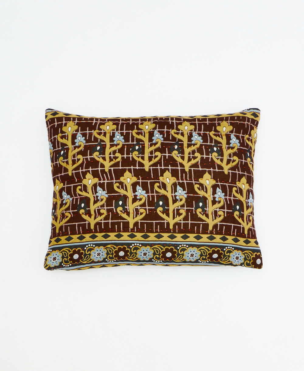 chocolate brown small pillow with pastel yellow & blue floral print handmade in India from vintage cotton fabrics