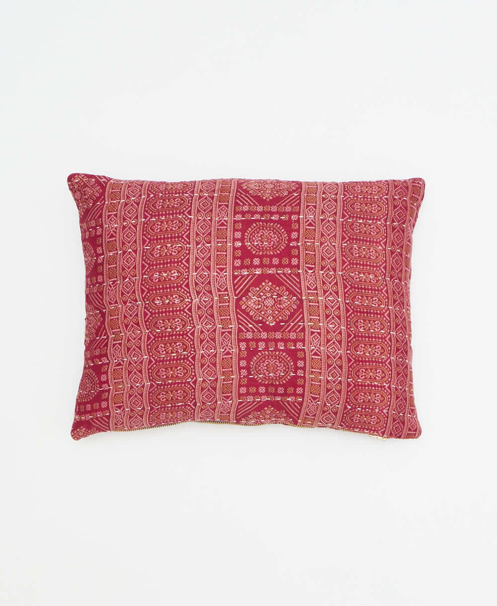 muted red small pillow with tan traditional print handmade in India from vintage cotton fabrics