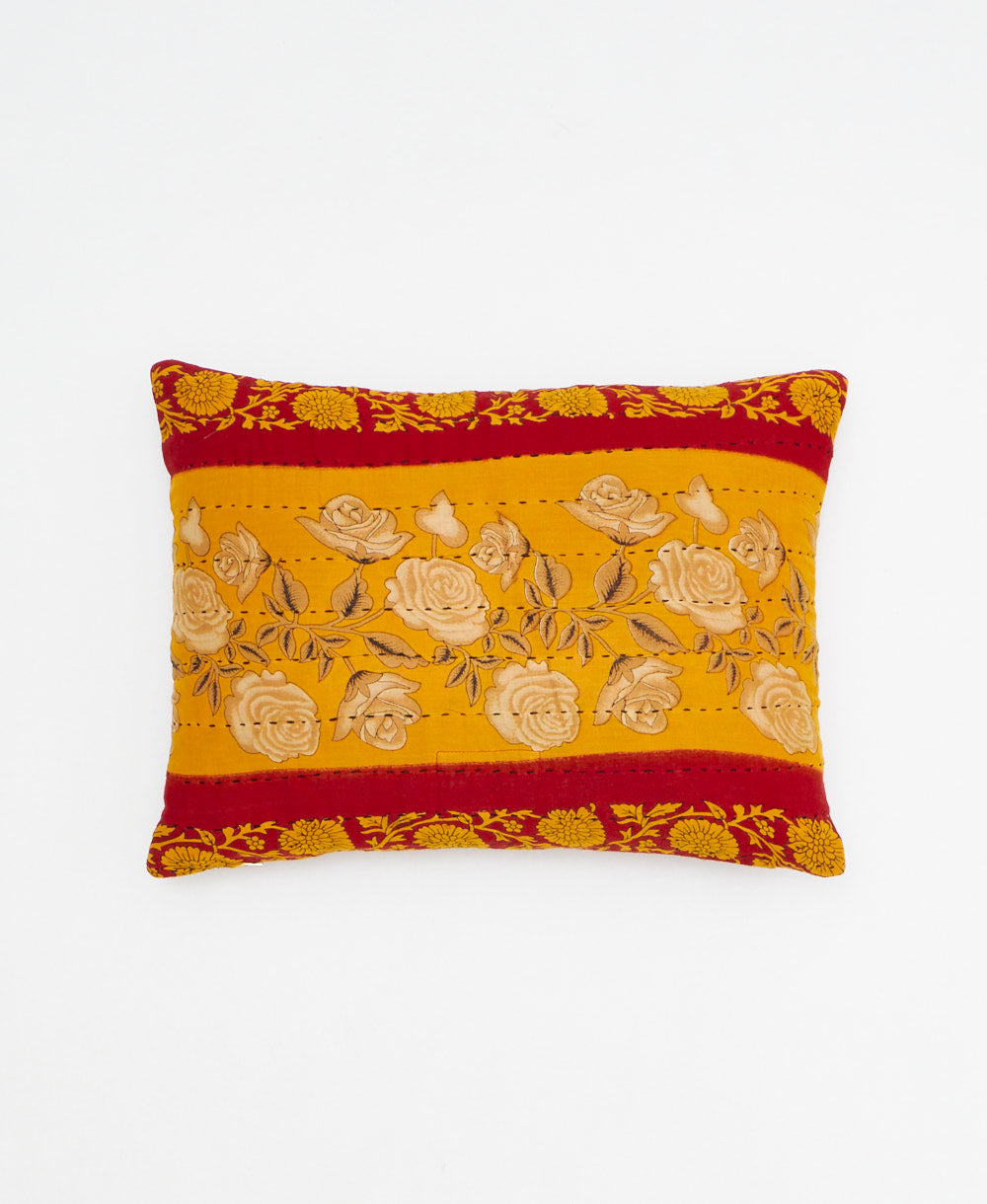 small lumbar pillow in mustard & red with tan rose print with removeable down feather insert