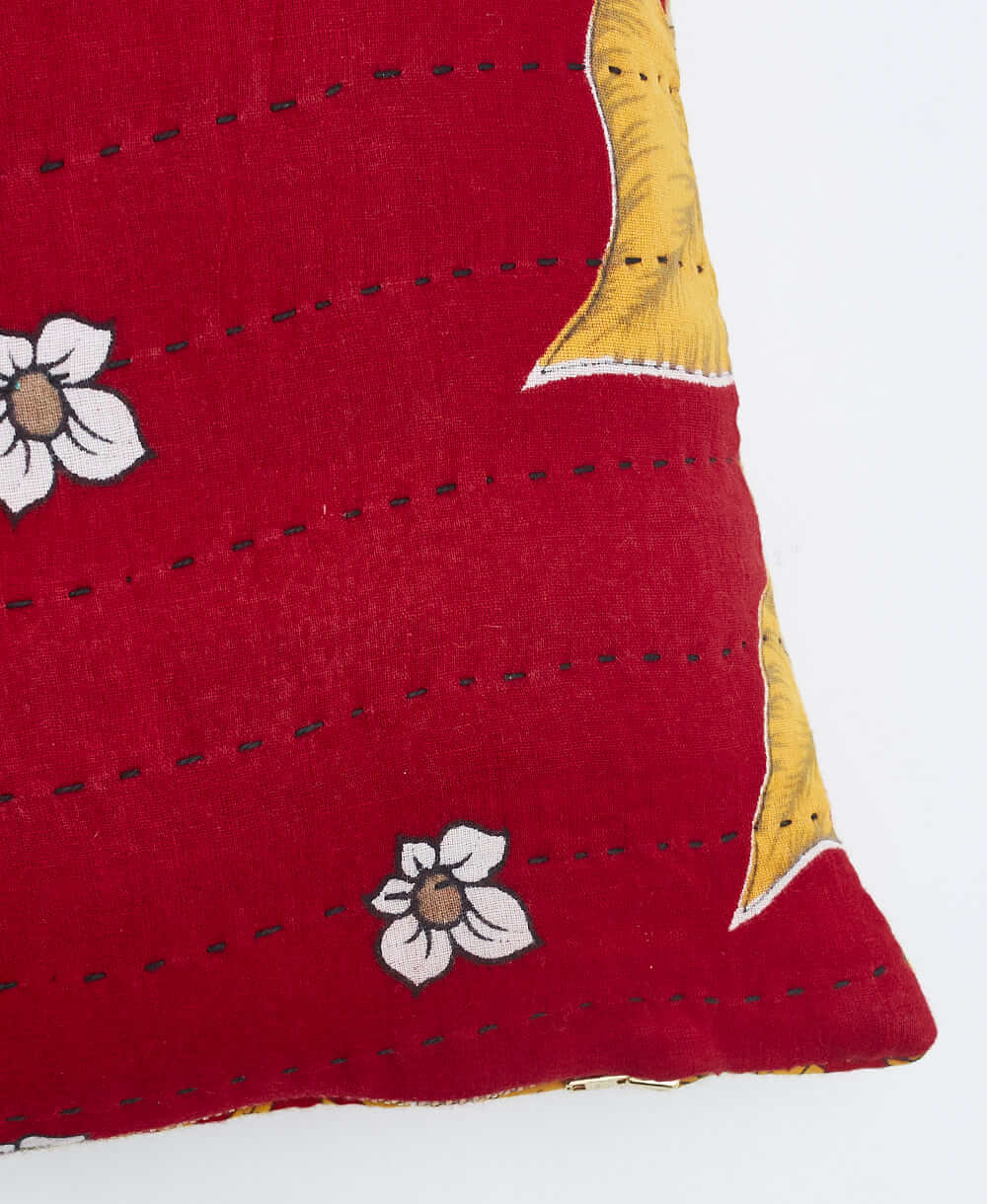 black kantha embroidery on red & mustard small throw pillow with tan rose print