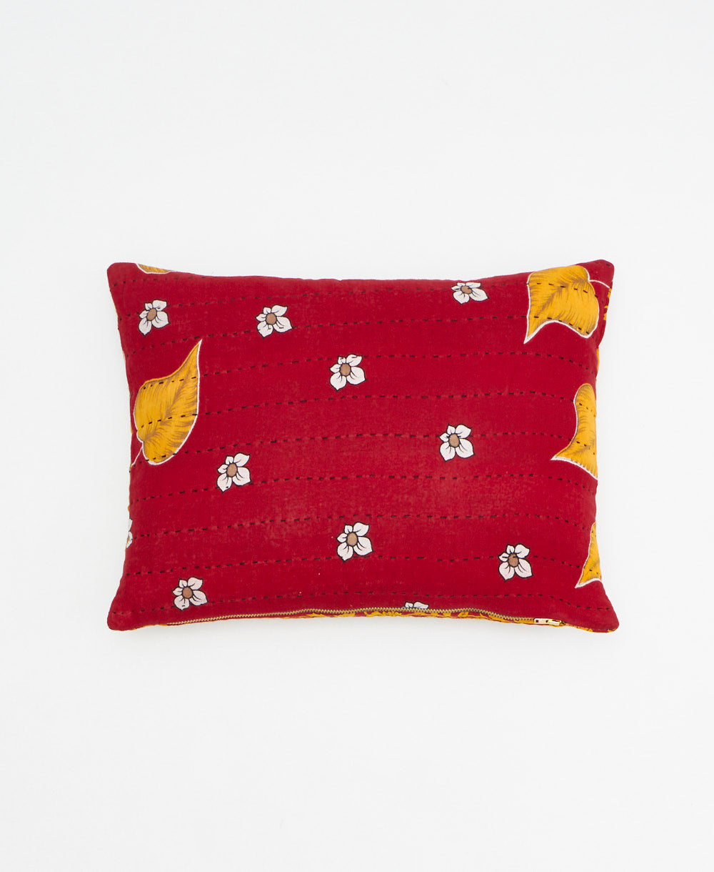 scarlet red small pillow with mustard leaf print handmade in India from vintage cotton fabrics