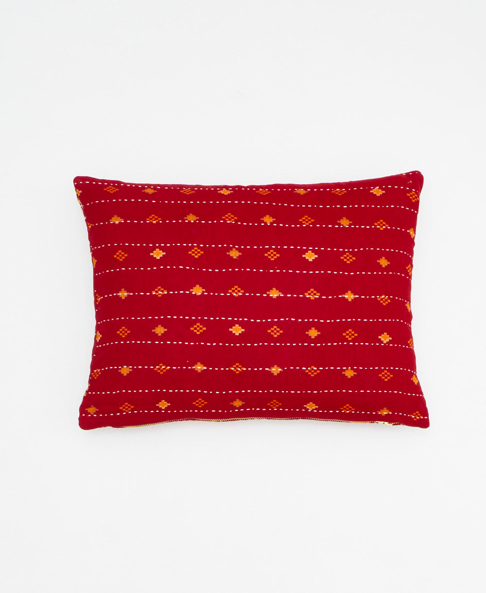 bright red small pillow with orange diamond print handmade in India from vintage cotton fabrics