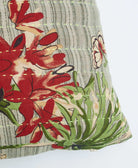 neon green kantha embroidery on sage green small throw pillow with red floral & butterfly print