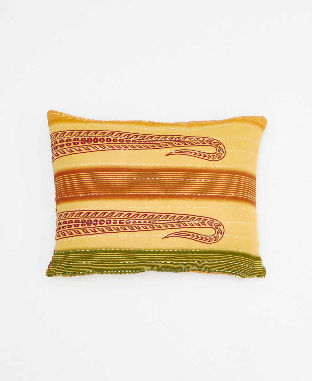 pastel orange small pillow with orange & olive stripe print handmade in India from vintage cotton fabrics