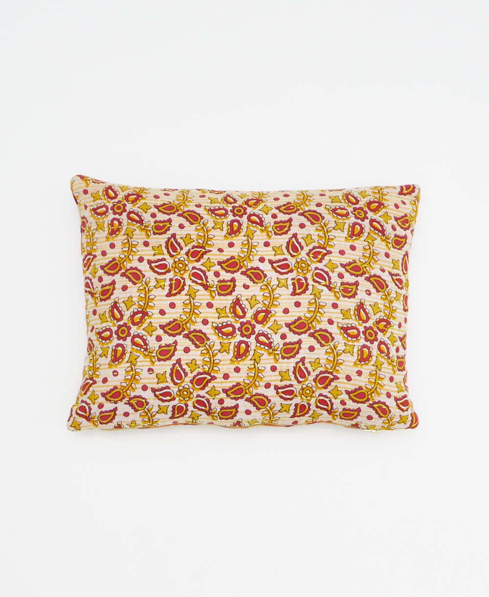 ivory small pillow with red & orange floral print handmade in India from vintage cotton fabrics