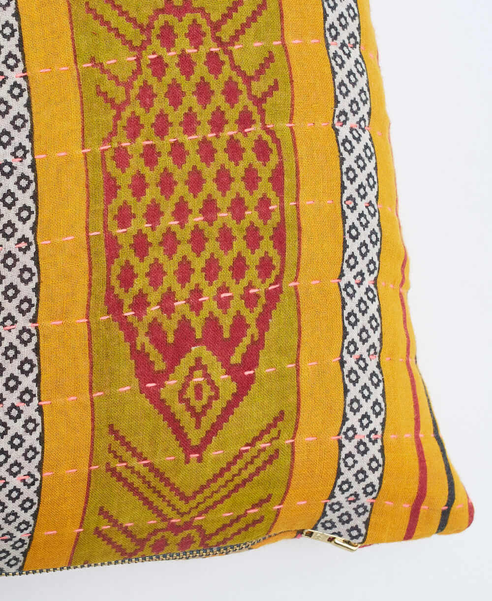 pink kantha embroidery on orange & olive small throw pillow with abstract fish print