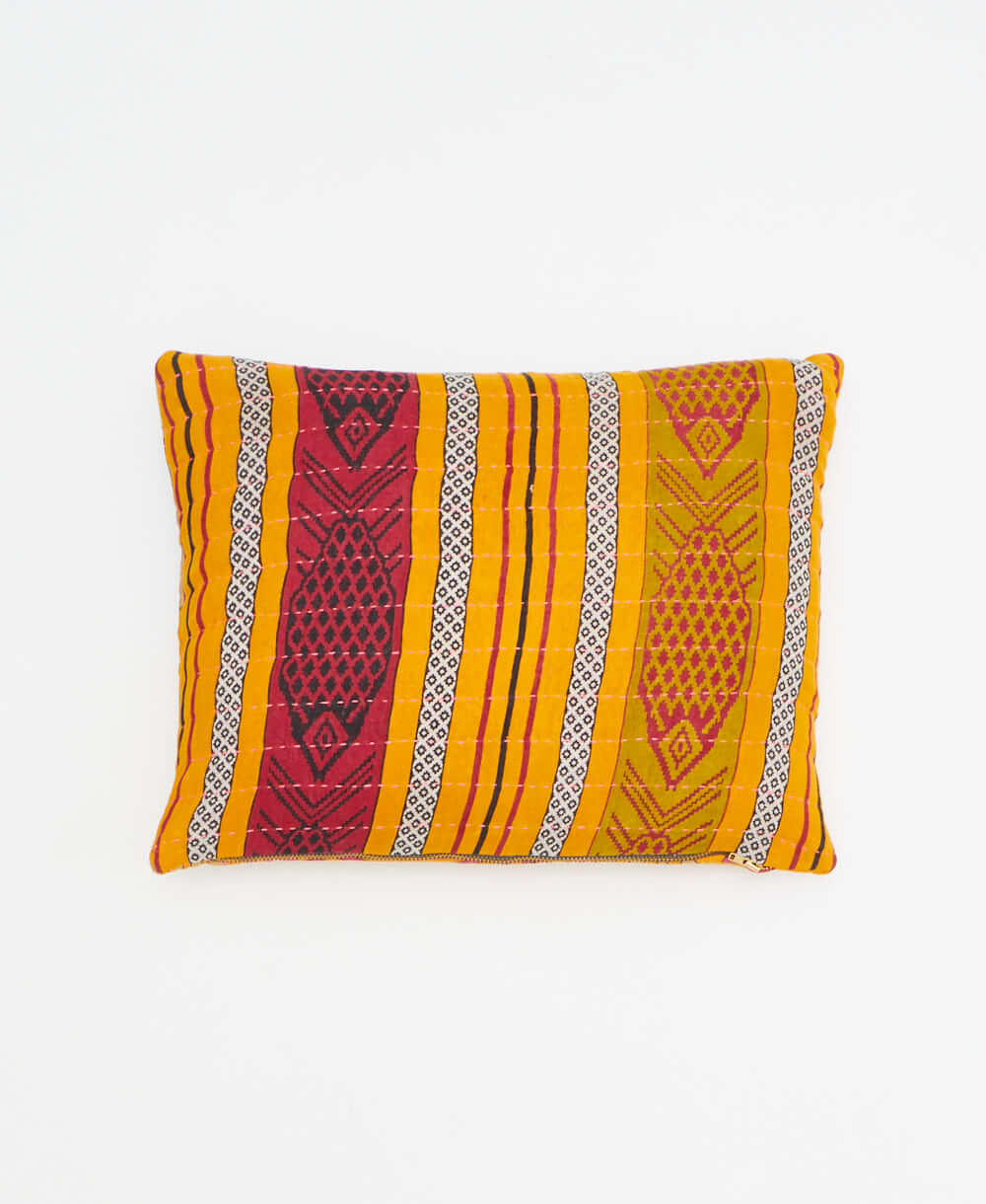 orange small pillow with maroon & olive stripe print handmade in India from vintage cotton fabrics