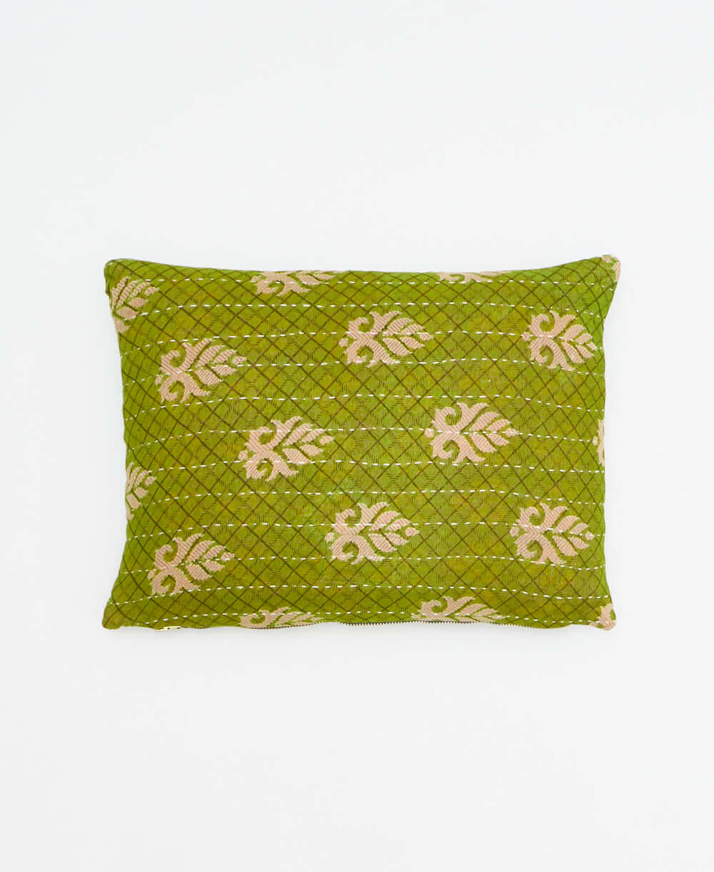 small lumbar pillow in olive green with tan leaf print with removeable down feather insert