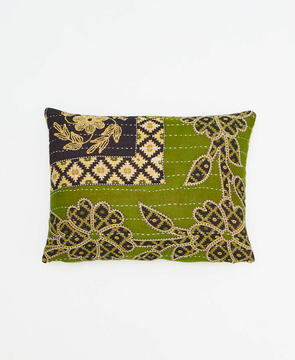 olive green small pillow with black & yellow floral print handmade in India from vintage cotton fabrics