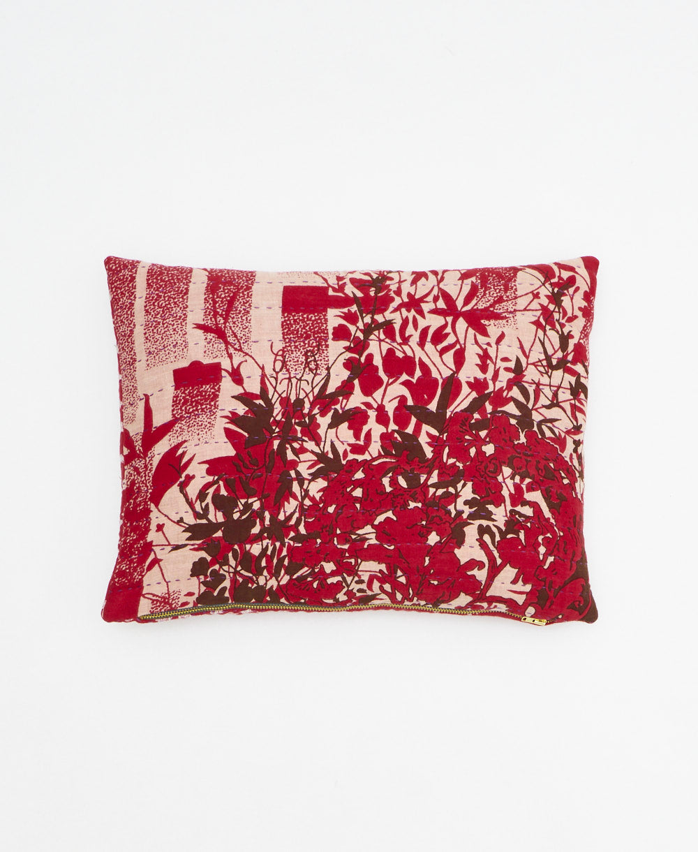 scarlet red small pillow with brown abstract floral print handmade in India from vintage cotton fabrics