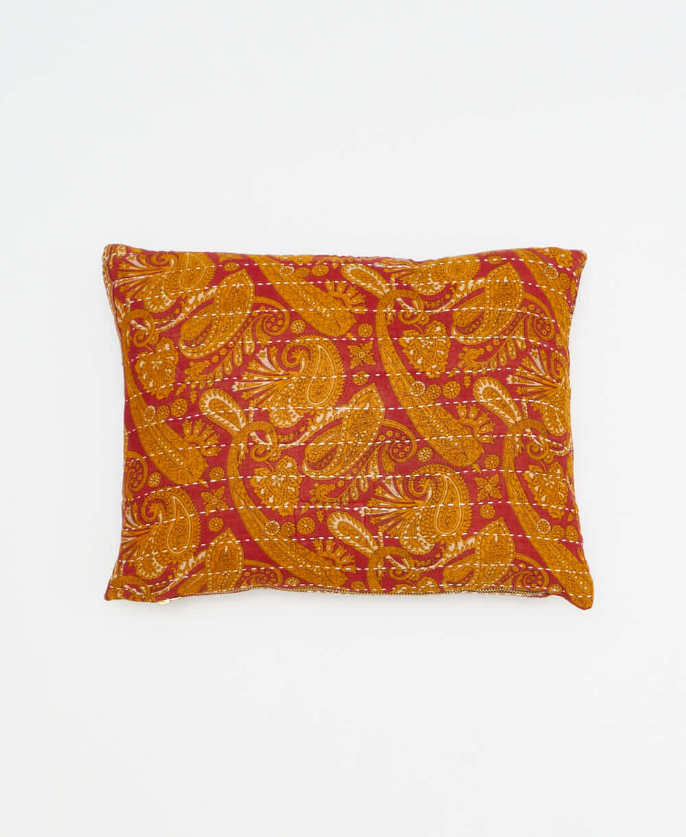 small lumbar pillow in red with mustard paisley print with removeable down feather insert