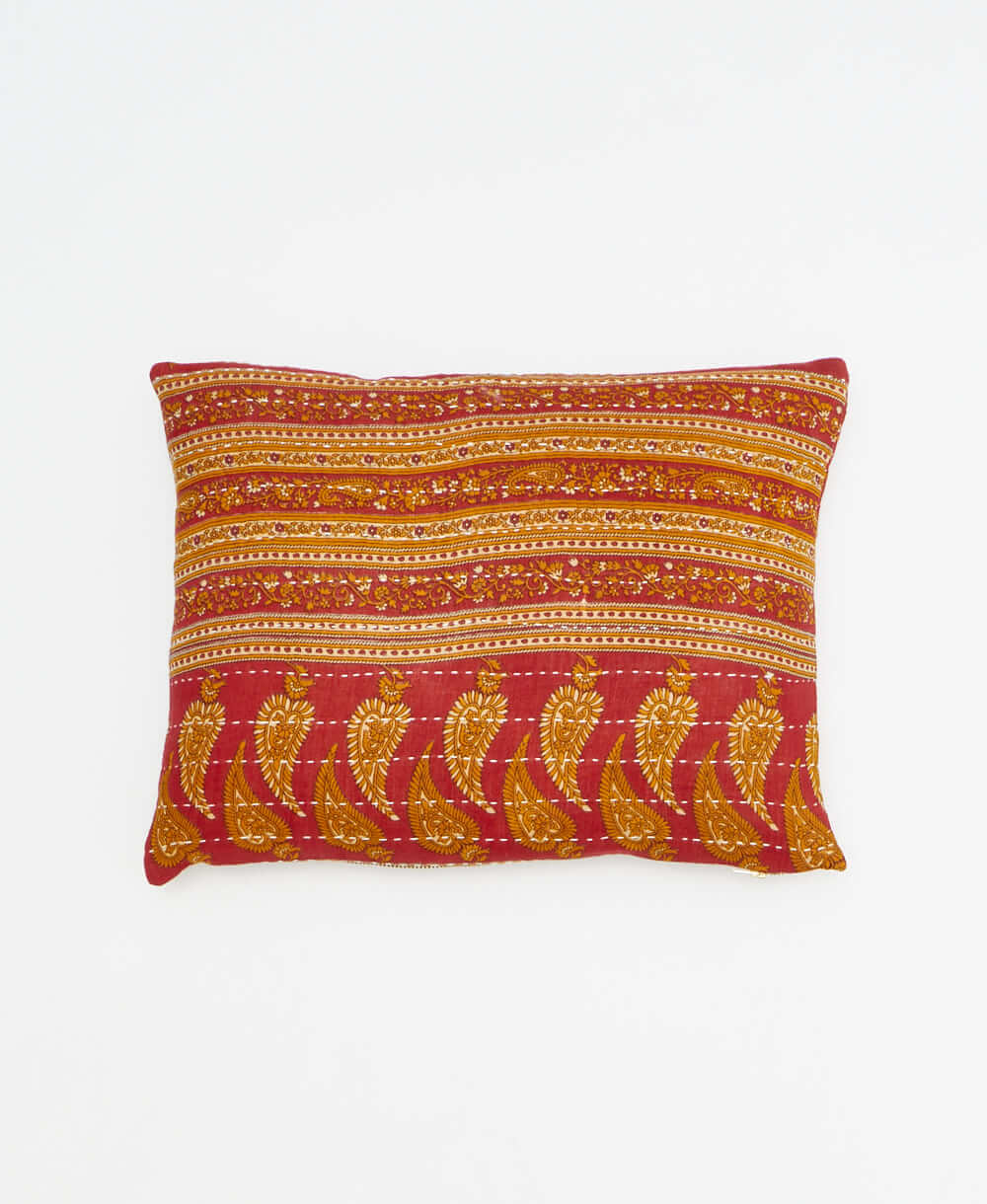 red small pillow with mustard striped paisley print handmade in India from vintage cotton fabrics