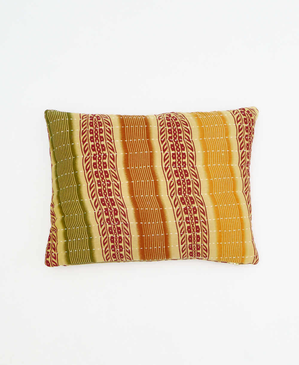 tan small pillow with olive, orange & yellow stripes print handmade in India from vintage cotton fabrics