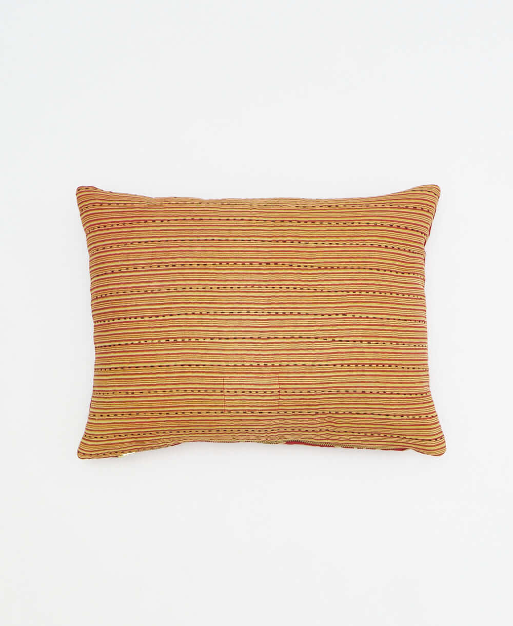 small lumbar pillow in sand with crimson stripes print with removeable down feather insert