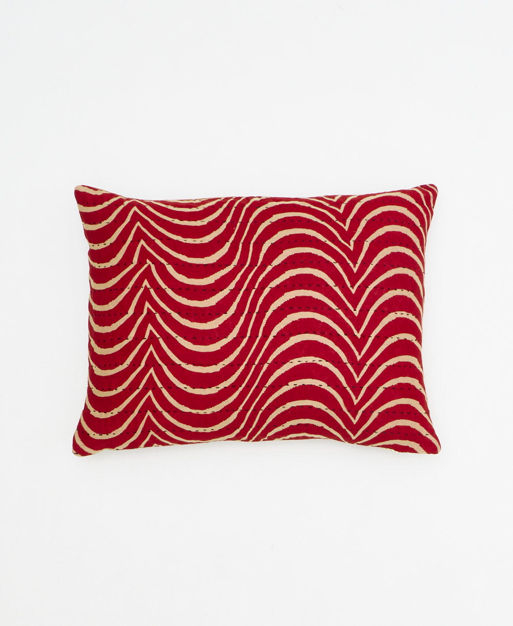 cherry red small pillow with ivory wavy print handmade in India from vintage cotton fabrics