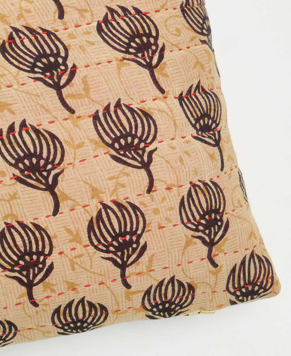 red kantha embroidery on sandy beige small throw pillow with brown floral print