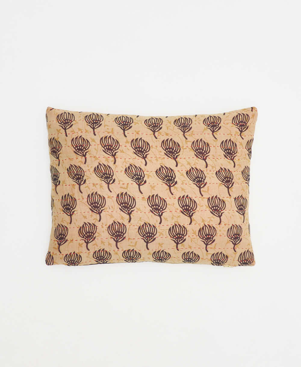 sandy beige small pillow with brown floral print handmade in India from vintage cotton fabrics