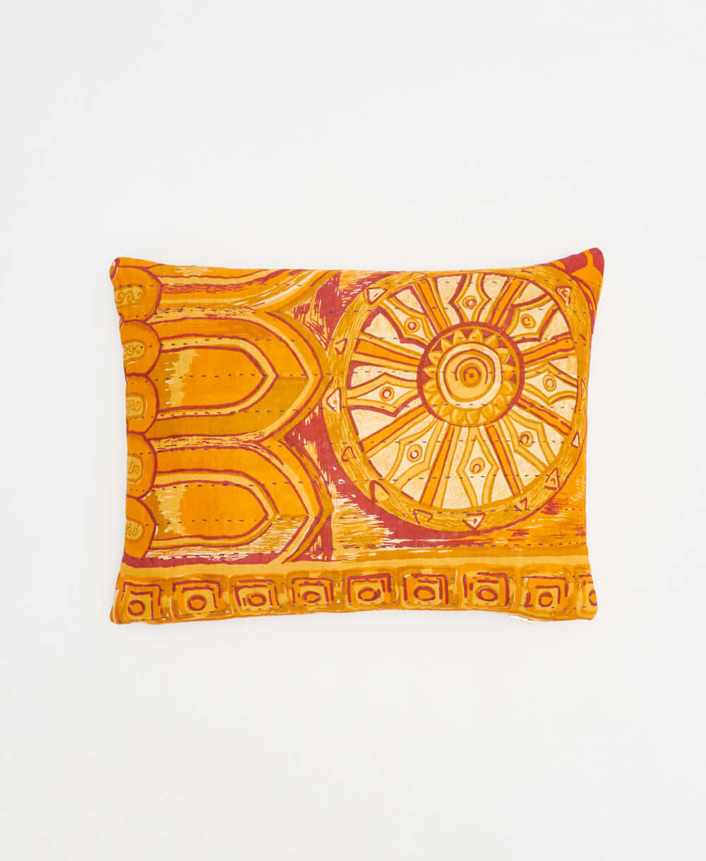 yellow-orange small pillow with graphic medallion print handmade in India from vintage cotton fabrics