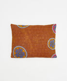 camel brown small pillow with blue circular floral print handmade in India from vintage cotton fabrics