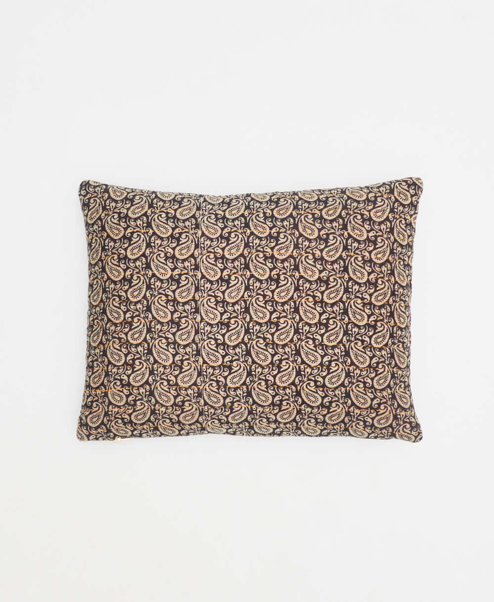 small lumbar pillow in black with light grey paisley print with removeable down feather insert